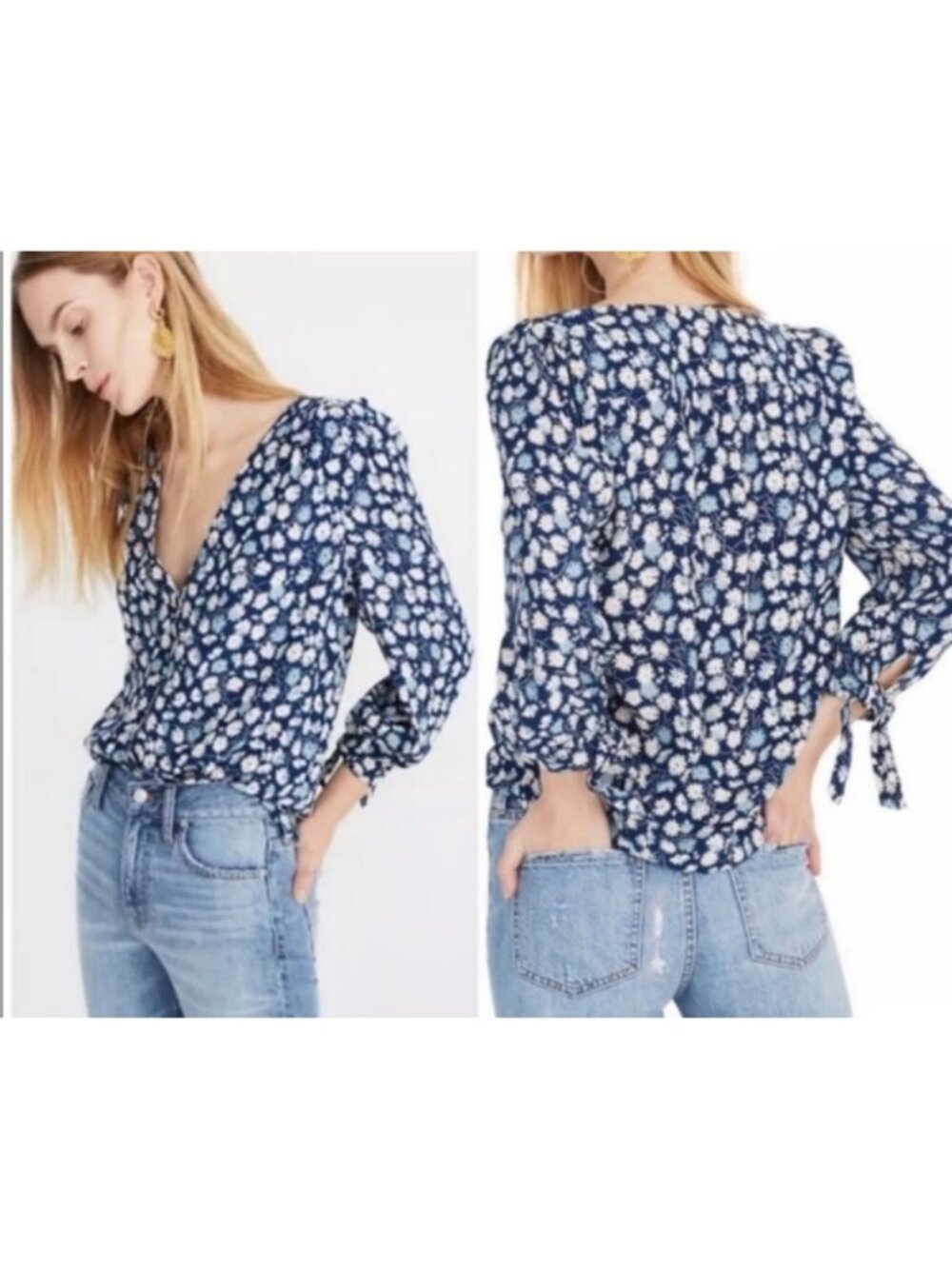 Madewell V Neck Button Down Blouse Tie Cuffs Sleeve Blue Floral Print Airy Holid